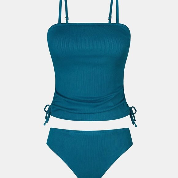 CUPSHE  Ribbed Tankini Two Piece Swimsuit Teal Lined Ruched Drawstring NEW Large - Picture 2 of 5